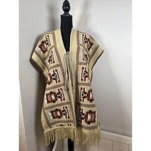 Southwest Aztec Poncho Kimono With Tie Closure Fringe Hem